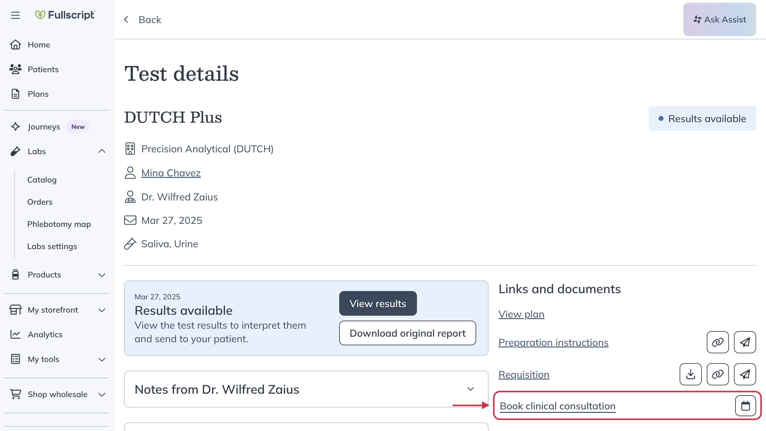 The Book clinical consultation option on the Test details page under Links and documents.